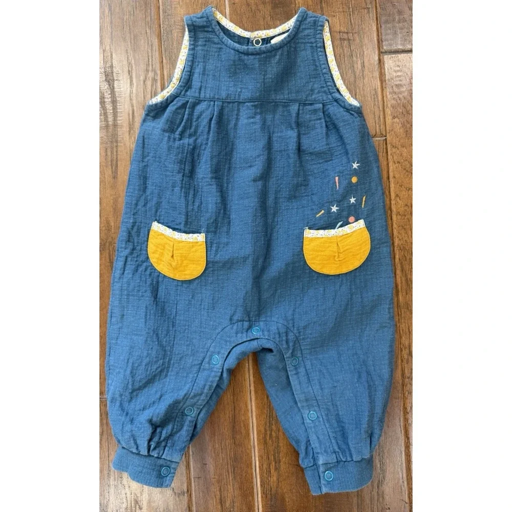 Moulin Roty Romper Jumper Girls 6M Blue Made in France 100% Cotton One Piece Kid